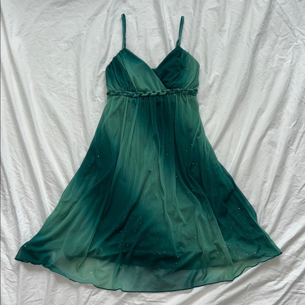 Vtg Y2K Whimsy Ombre Green Glitter Mini Fairy Dress by Ruby Rox
